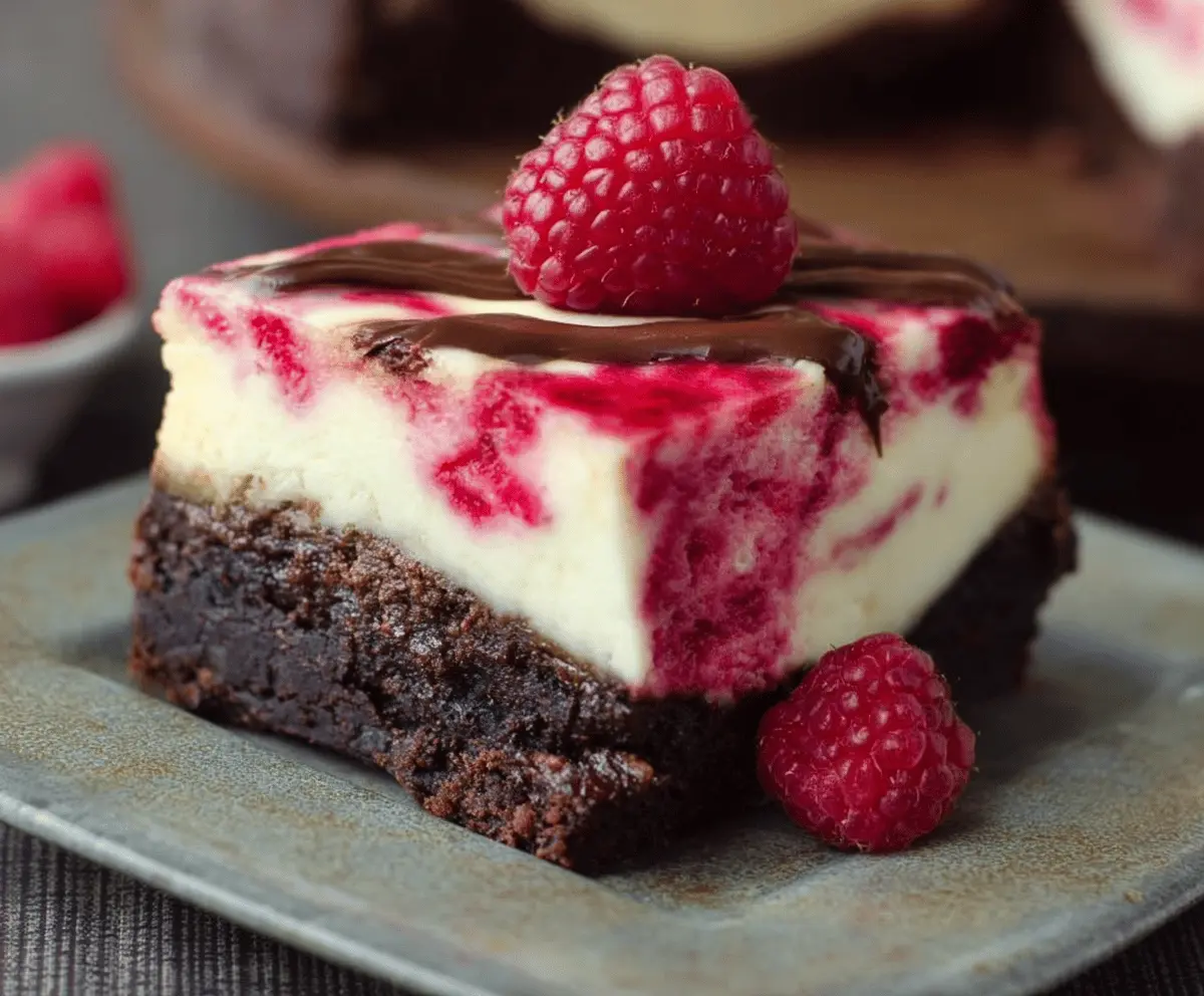 Delicious Raspberry Brownie Cheesecake with a rich chocolate crust and fresh raspberry topping