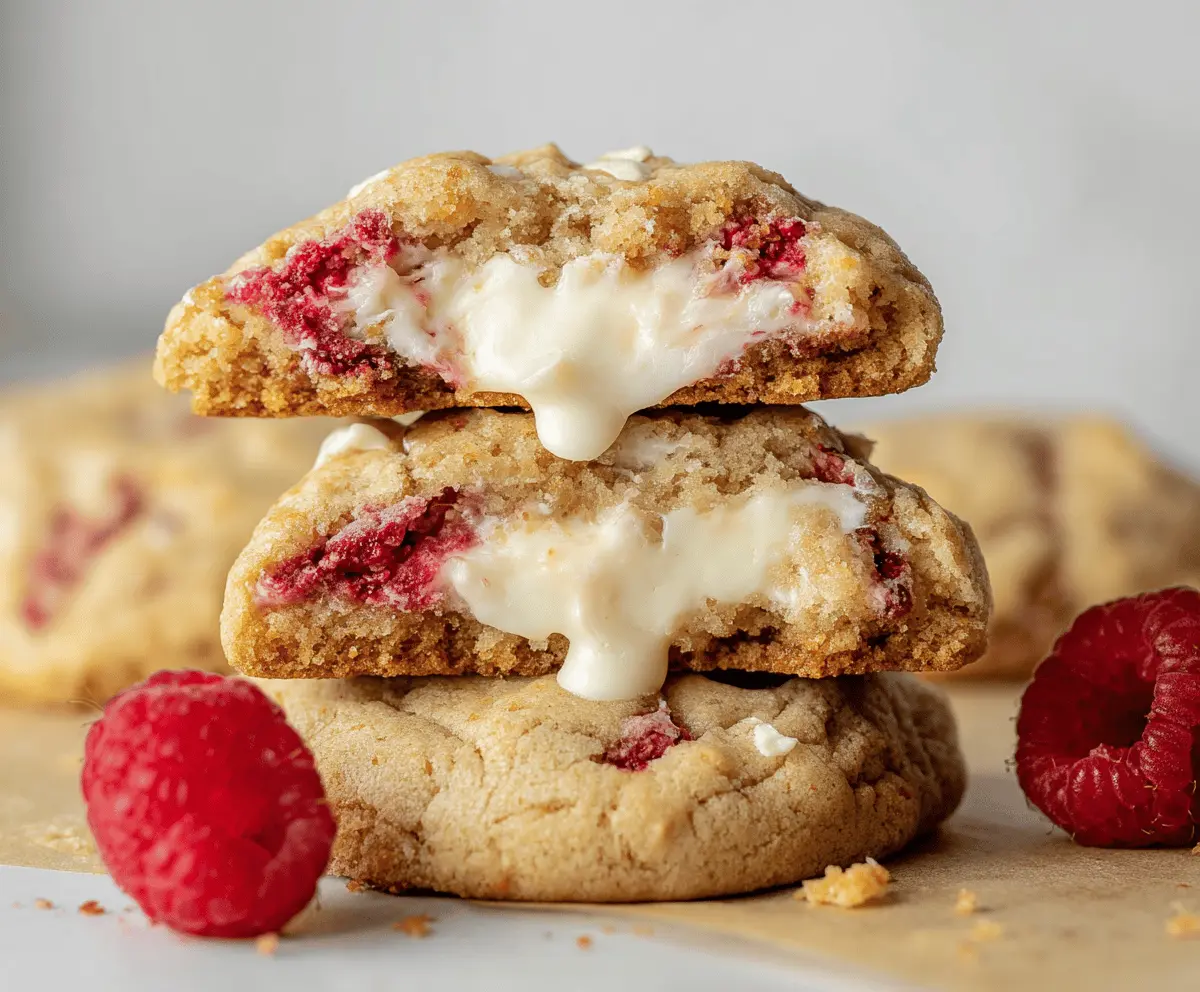 Delicious Raspberry Cheesecake Stuffed Cookies with a golden-brown exterior and fresh raspberry filling inside.