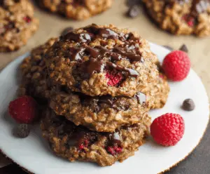 Delicious raspberry chocolate oatmeal cookies on a plate, perfect for a sweet snack or dessert.