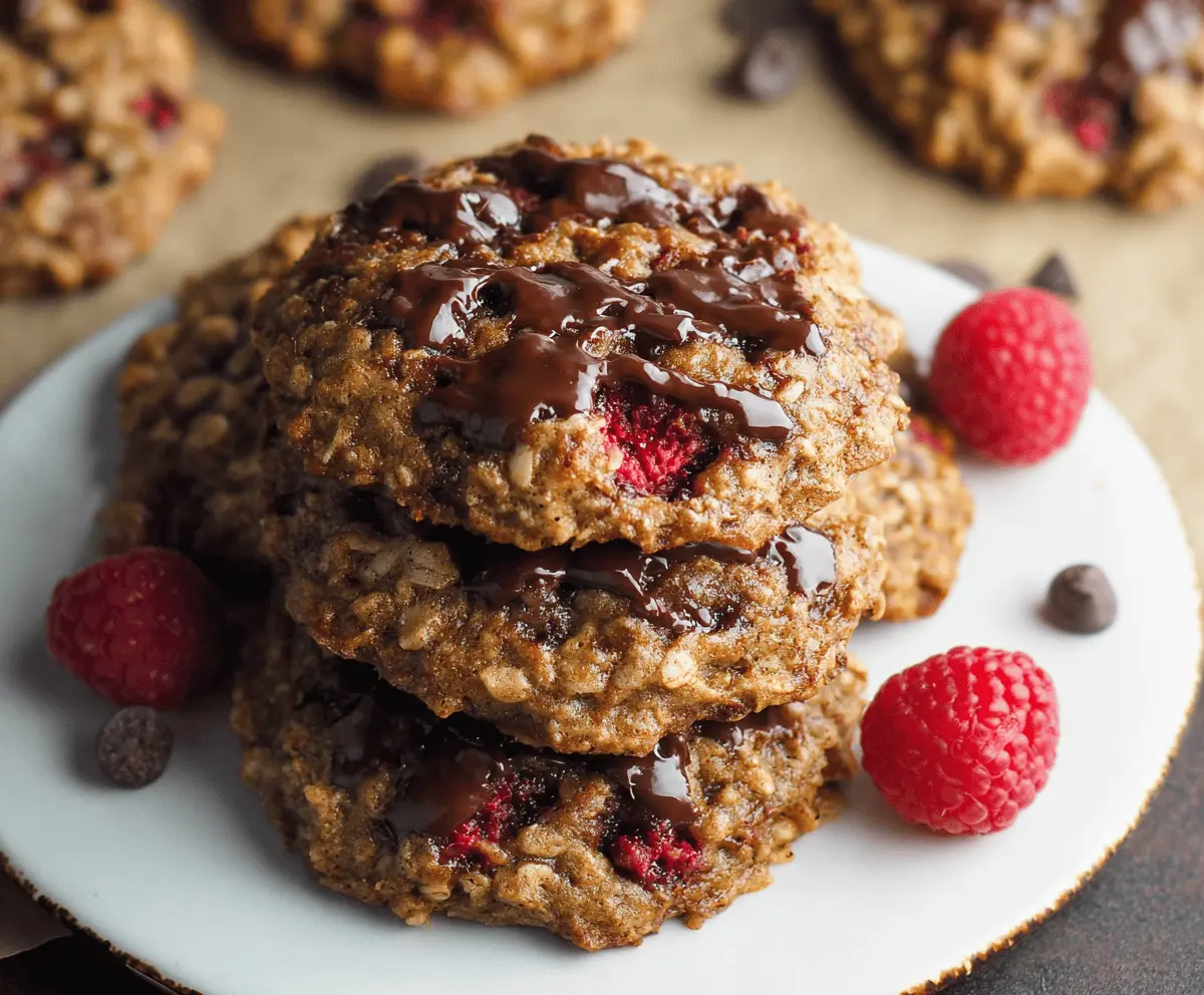Delicious raspberry chocolate oatmeal cookies on a plate, perfect for a sweet snack or dessert.