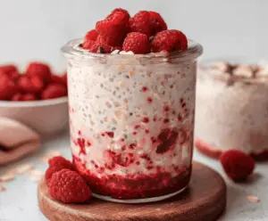 Creamy raspberry overnight oats garnished with fresh berries and mint in a glass jar.