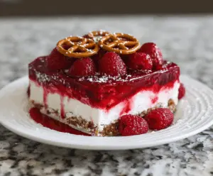 Delicious Raspberry Pretzel Dessert with a crunchy crust and fresh raspberry topping
