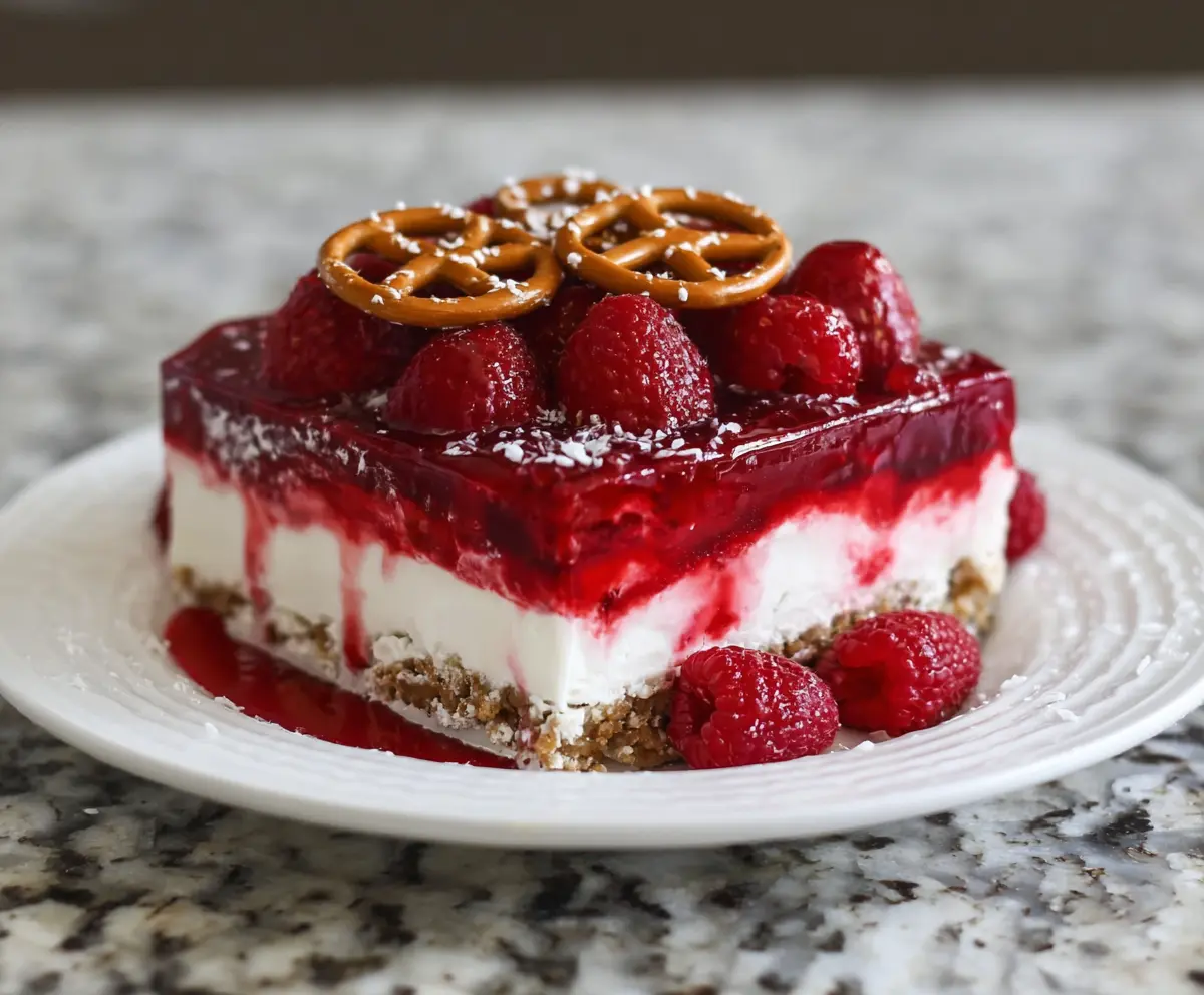 Delicious Raspberry Pretzel Dessert with a crunchy crust and fresh raspberry topping