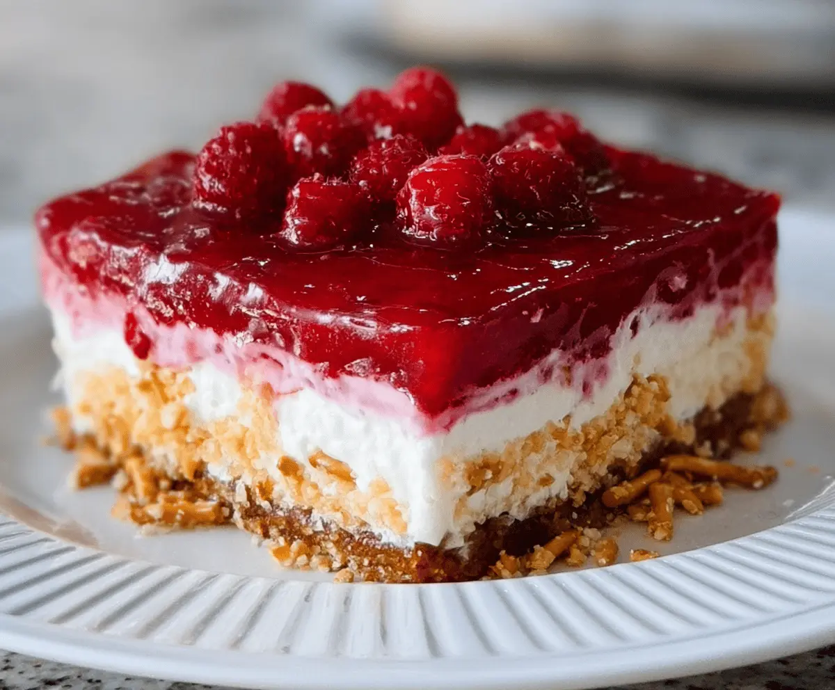 Delicious Raspberry Pretzel Salad Cake topped with fresh raspberries and whipped cream.