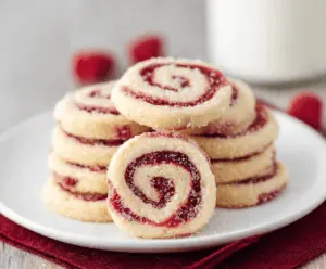 Delicious Raspberry Swirl Cookies with vibrant berry swirls and golden baked edges.