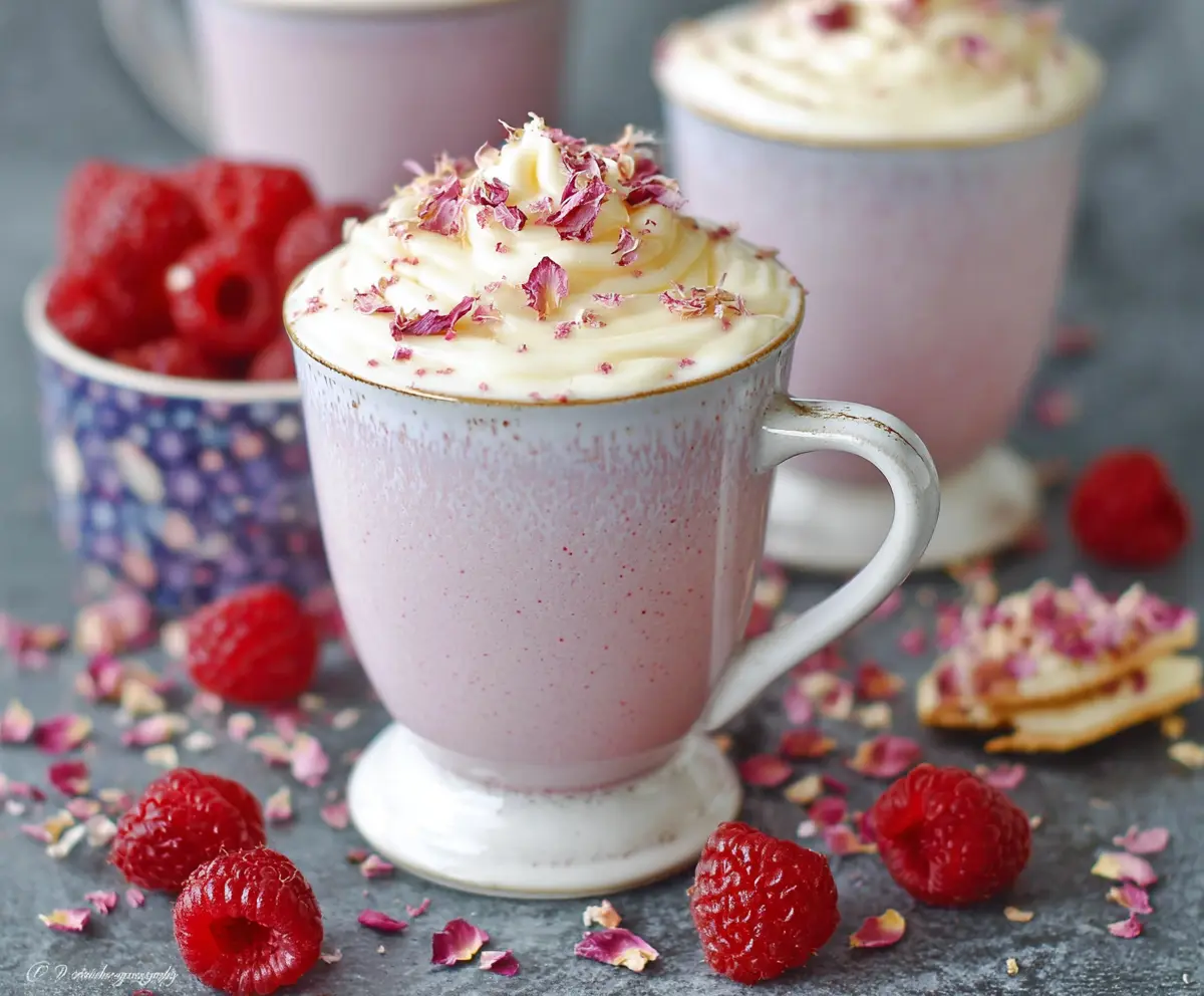 Creamy raspberry white hot chocolate served in a mug with fresh raspberries on top, perfect for cozy winter days.