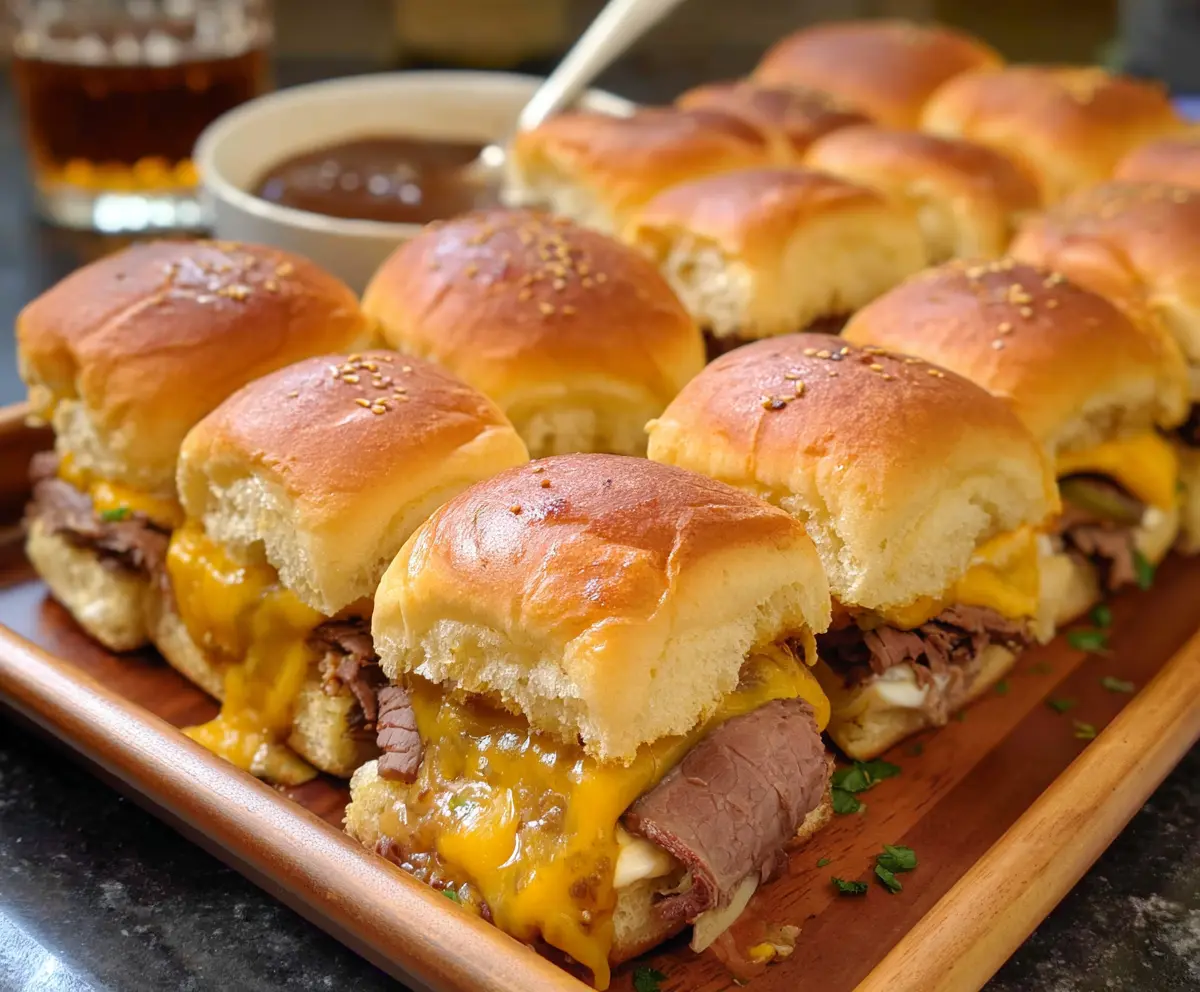 Delicious roast beef and cheddar cheese sliders served on a platter for a tasty appetizer.