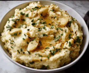 Creamy roasted garlic mashed potatoes with a golden top, served in a rustic bowl.
