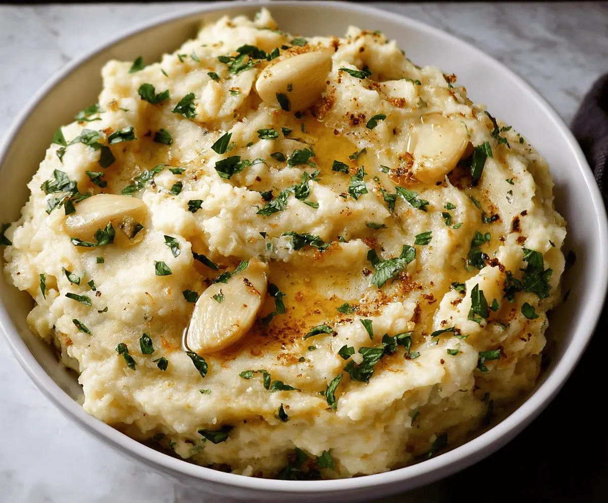 Creamy roasted garlic mashed potatoes with a golden top, served in a rustic bowl.