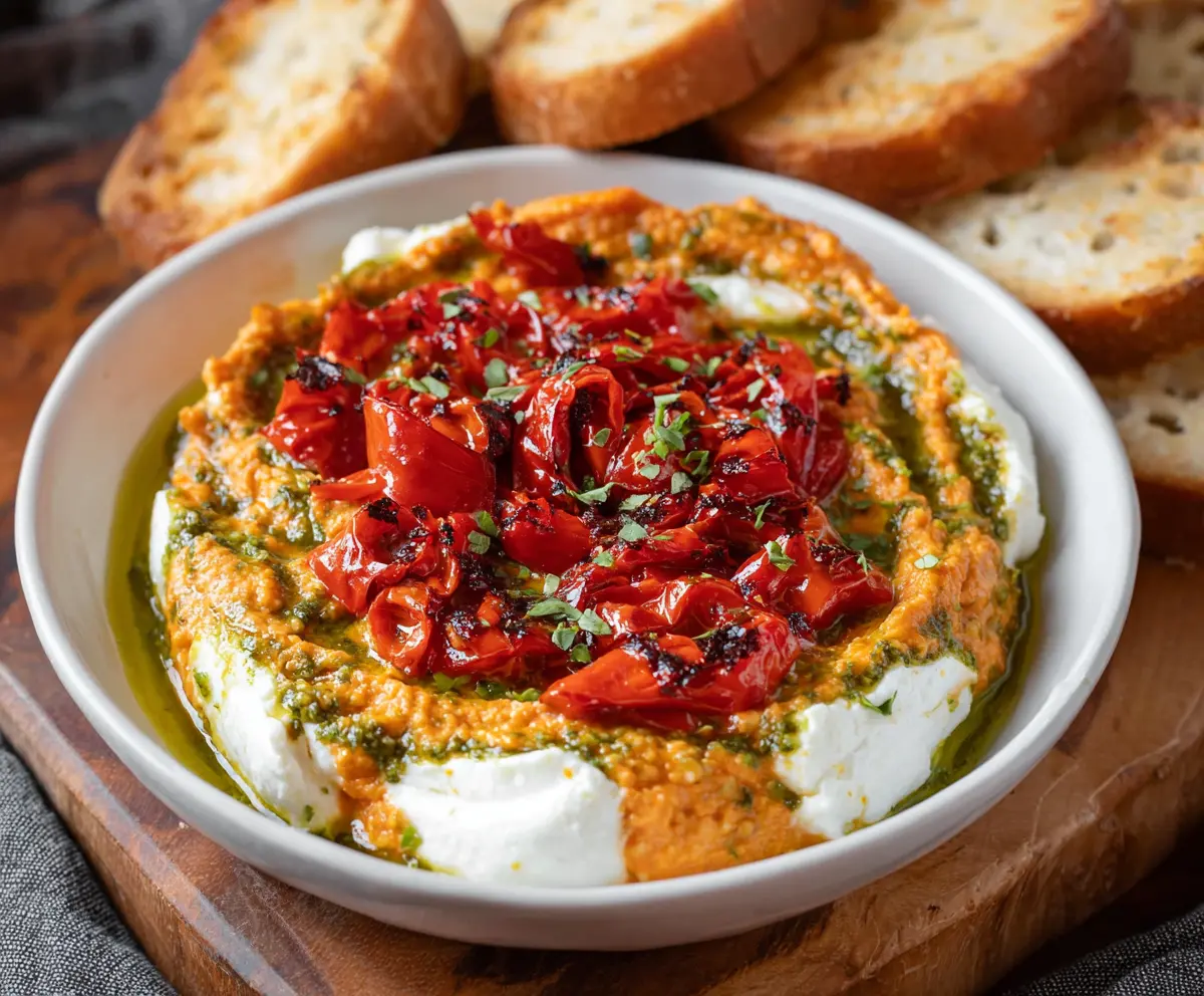 Creamy roasted red pepper and goat cheese pesto dip served in a bowl, perfect for snacks or appetizers.