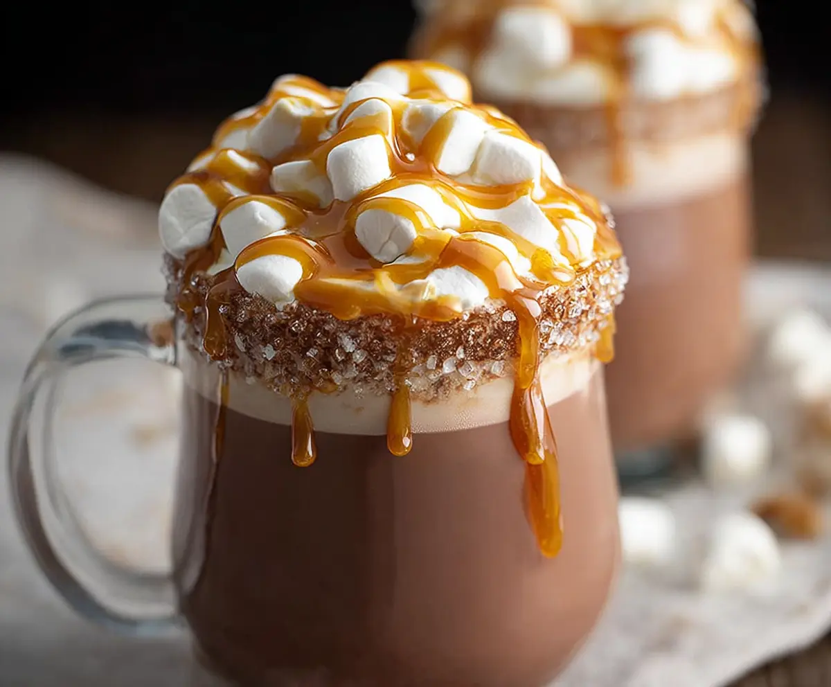 A steaming cup of salted caramel hot chocolate topped with whipped cream and caramel drizzle.