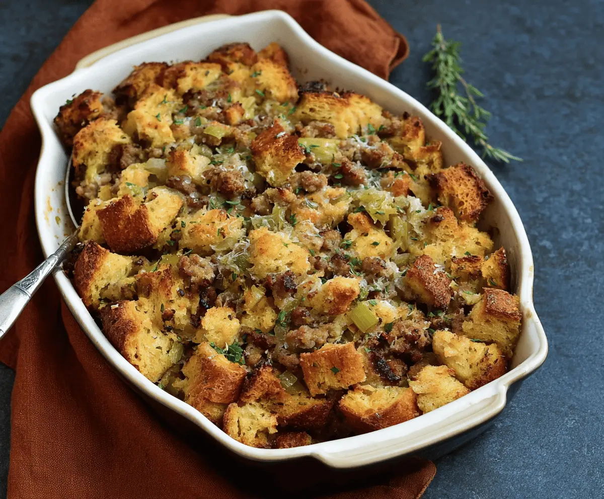 Delicious sausage and herb stuffing with golden-brown top, perfect for holiday dinners.
