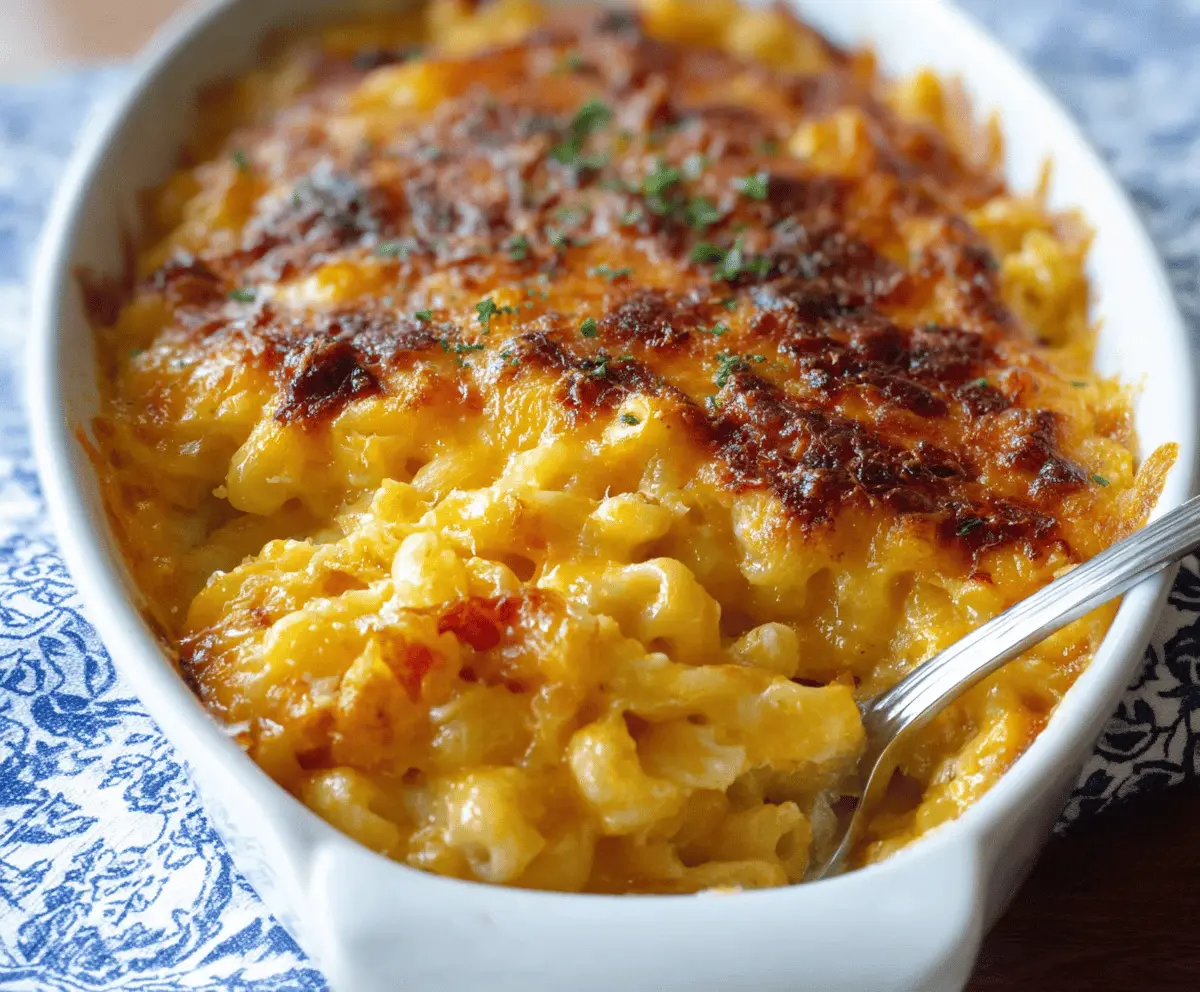 Creamy Southern Baked Mac and Cheese in a baking dish, topped with golden cheese crust.