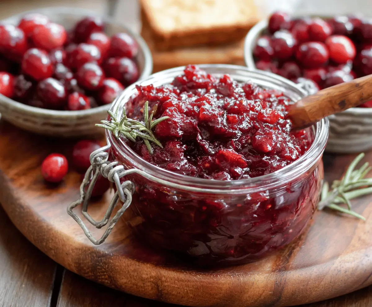 Delicious Spicy Chipotle Cranberry Chutney served in a bowl with fresh herbs.