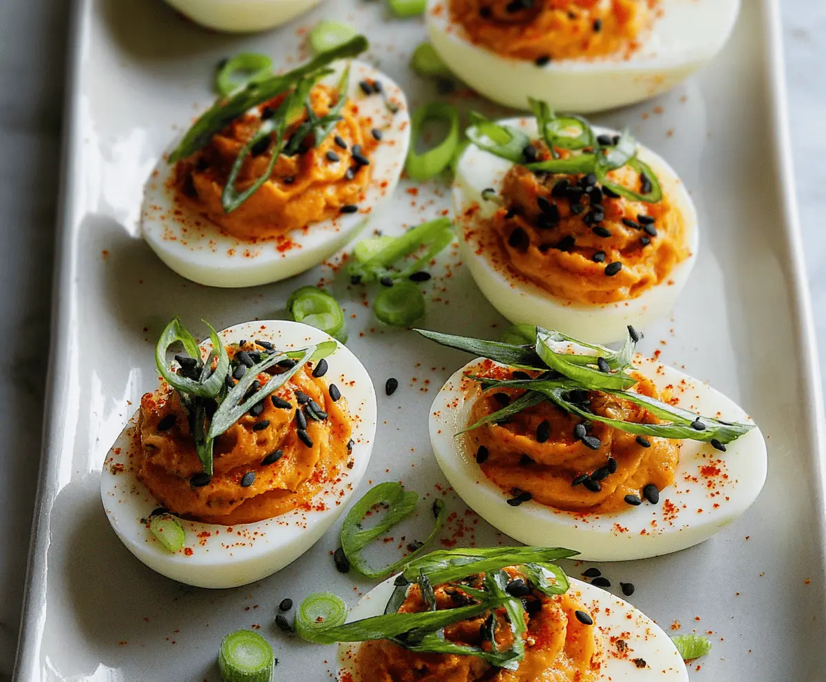 Delicious spicy Gochujang deviled eggs garnished with sesame seeds and scallions.