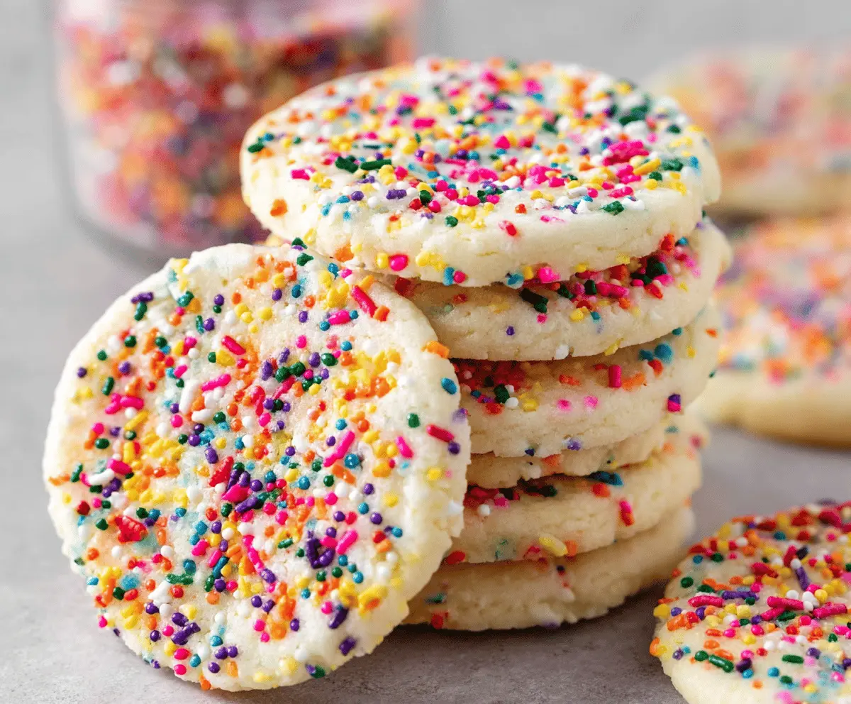 Delicious sprinkle sugar cookies with colorful sprinkles on a rustic plate for festive baking.