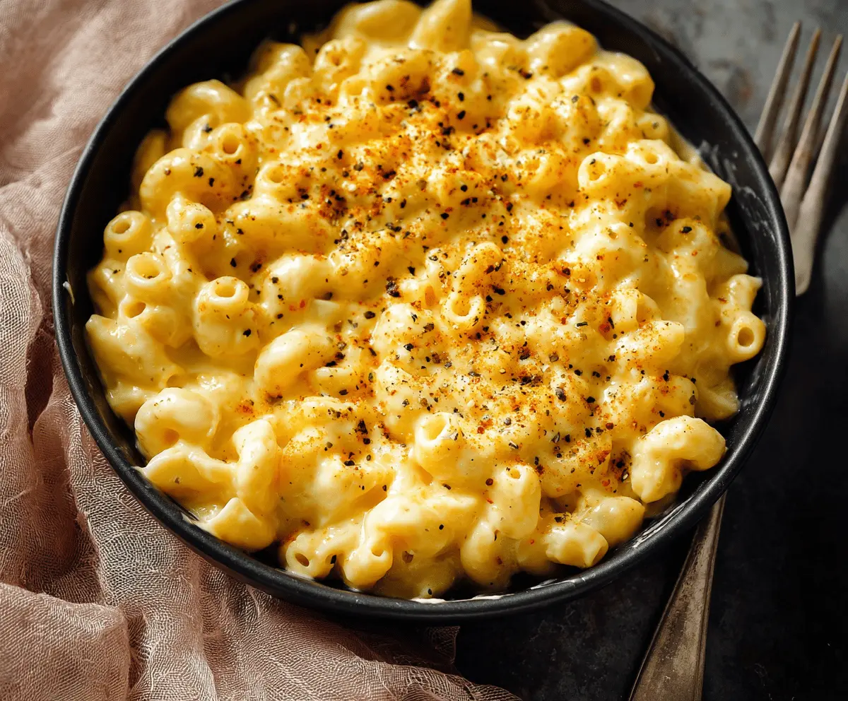 Creamy stovetop mac and cheese in a skillet topped with grated cheese and herbs.