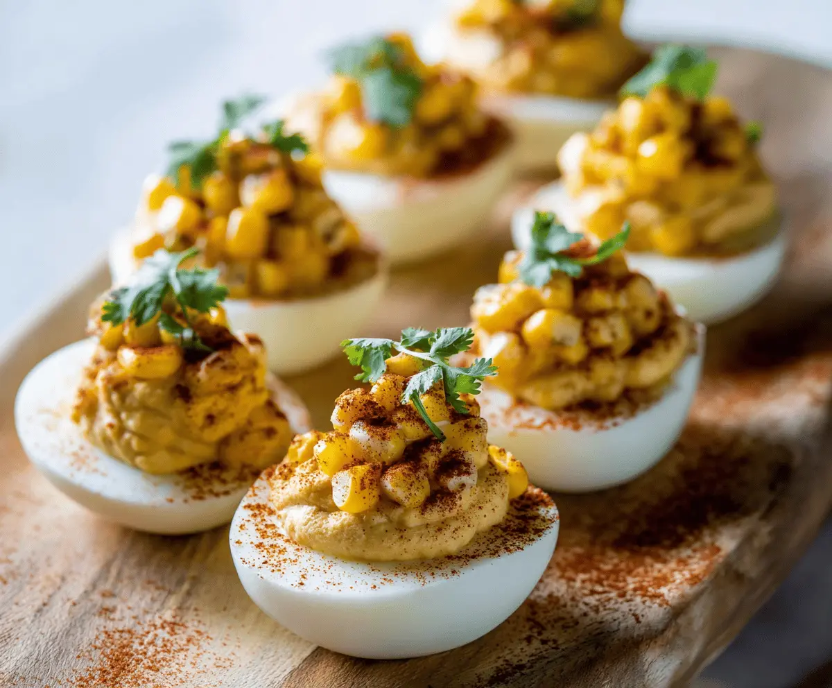 Delicious street corn-inspired deviled eggs garnished with cilantro and chili powder.