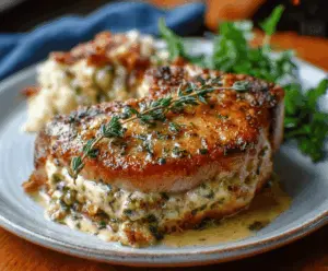 Juicy stuffed pork chops baked to perfection with herbs and melted cheese on top.