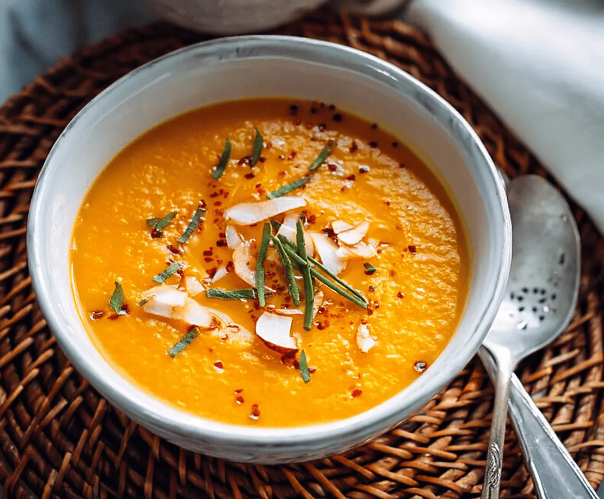 Creamy sweet potato and carrot curry soup in a bowl, topped with fresh herbs, perfect for a healthy meal.