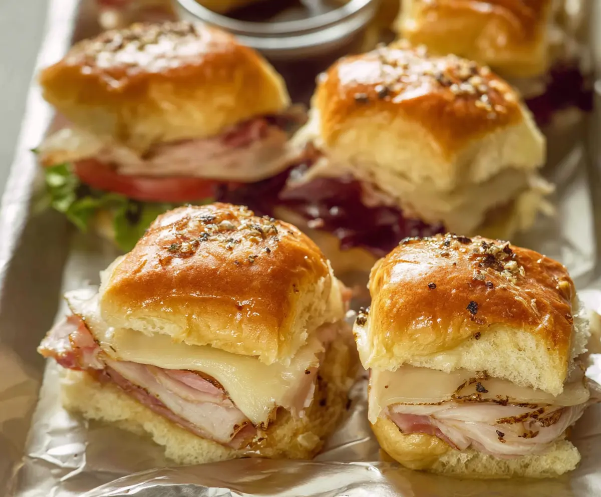 Delicious turkey and Swiss slider sandwiches served on a bun with melted cheese and fresh toppings.