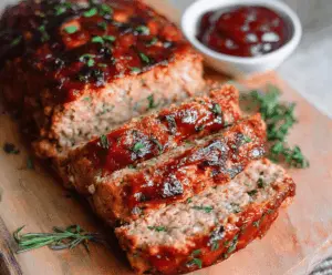 Delicious turkey meatloaf served with fresh herbs on a white plate.