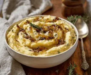 Vegan caramelized onion mashed potatoes served on a plate with fresh herbs.