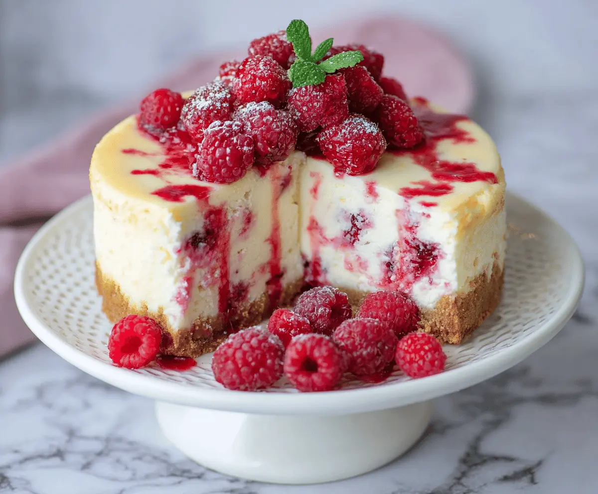 Delicious white chocolate raspberry cheesecake with a creamy topping and fresh raspberries on top