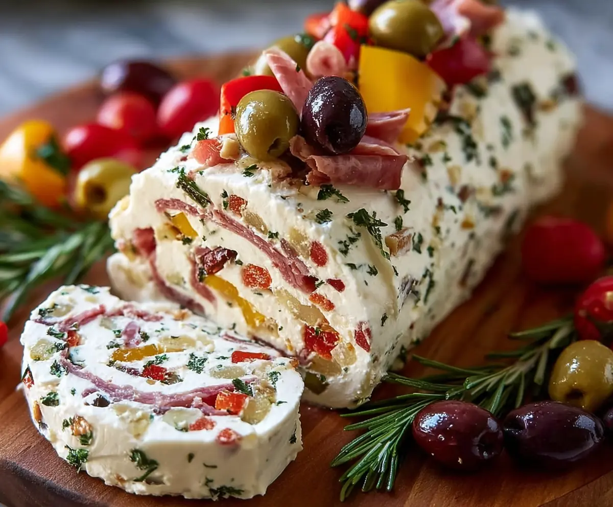 Delicious Antipasto Cream Cheese Log on a serving platter with colorful ingredients