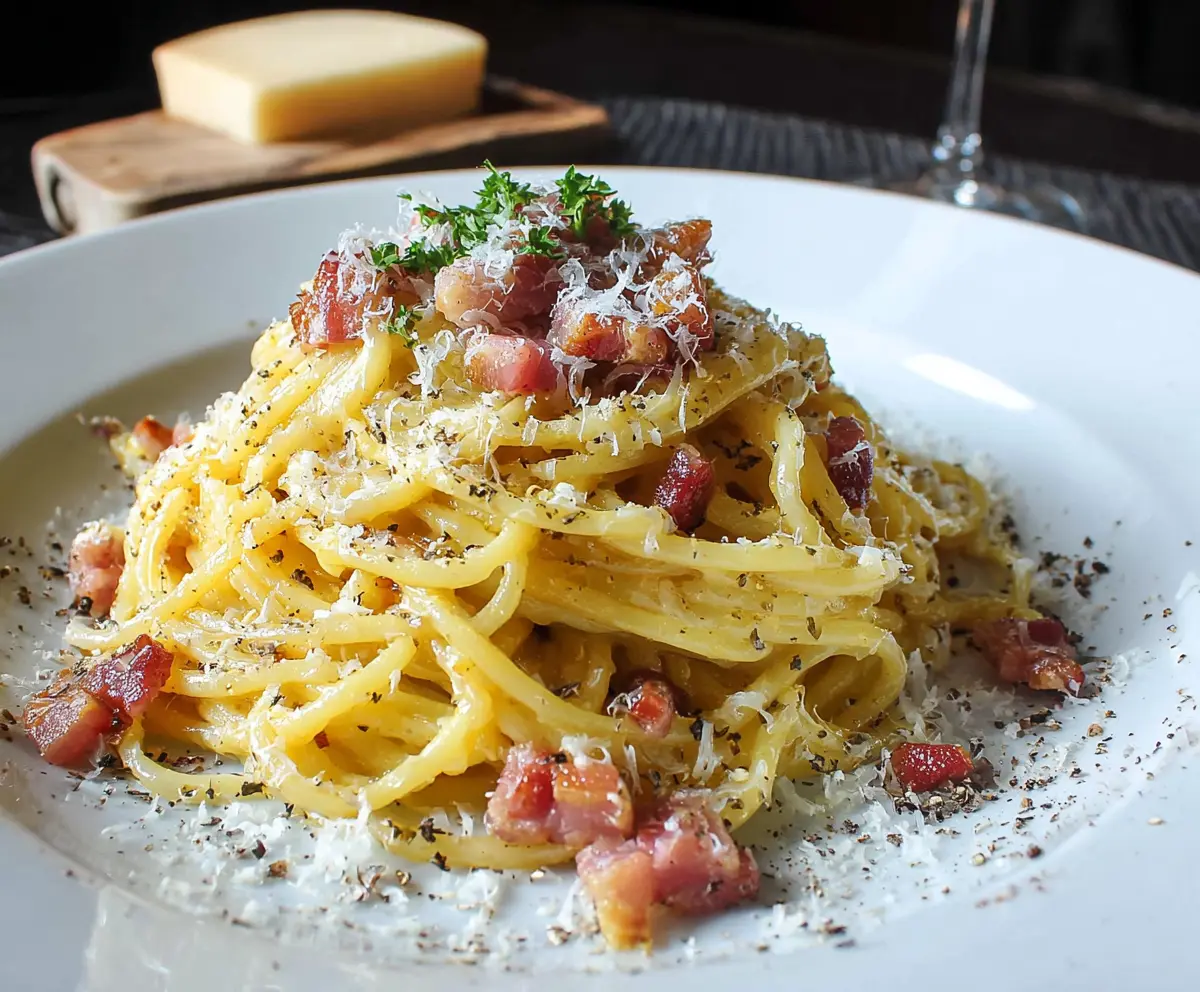 Delicious homemade Pasta Carbonara with creamy sauce and crispy pancetta on a rustic plate.
