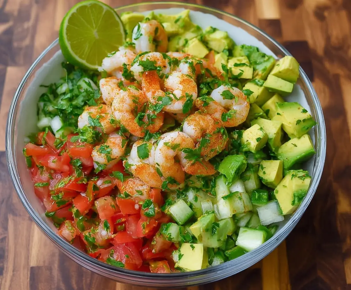 Fresh avocado salsa shrimp salad with vibrant ingredients on a white plate.