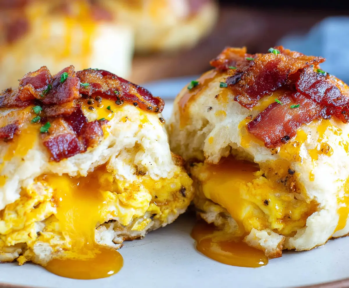 Crispy bacon and fluffy scrambled eggs inside a golden breakfast biscuit bomb.