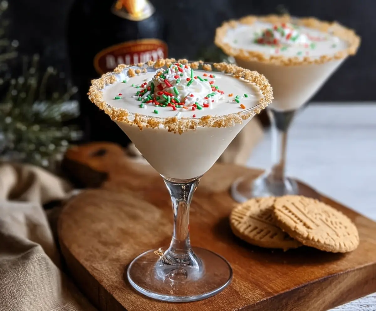 Delicious Baileys Sugar Cookie Martini served in a cocktail glass with festive decorations