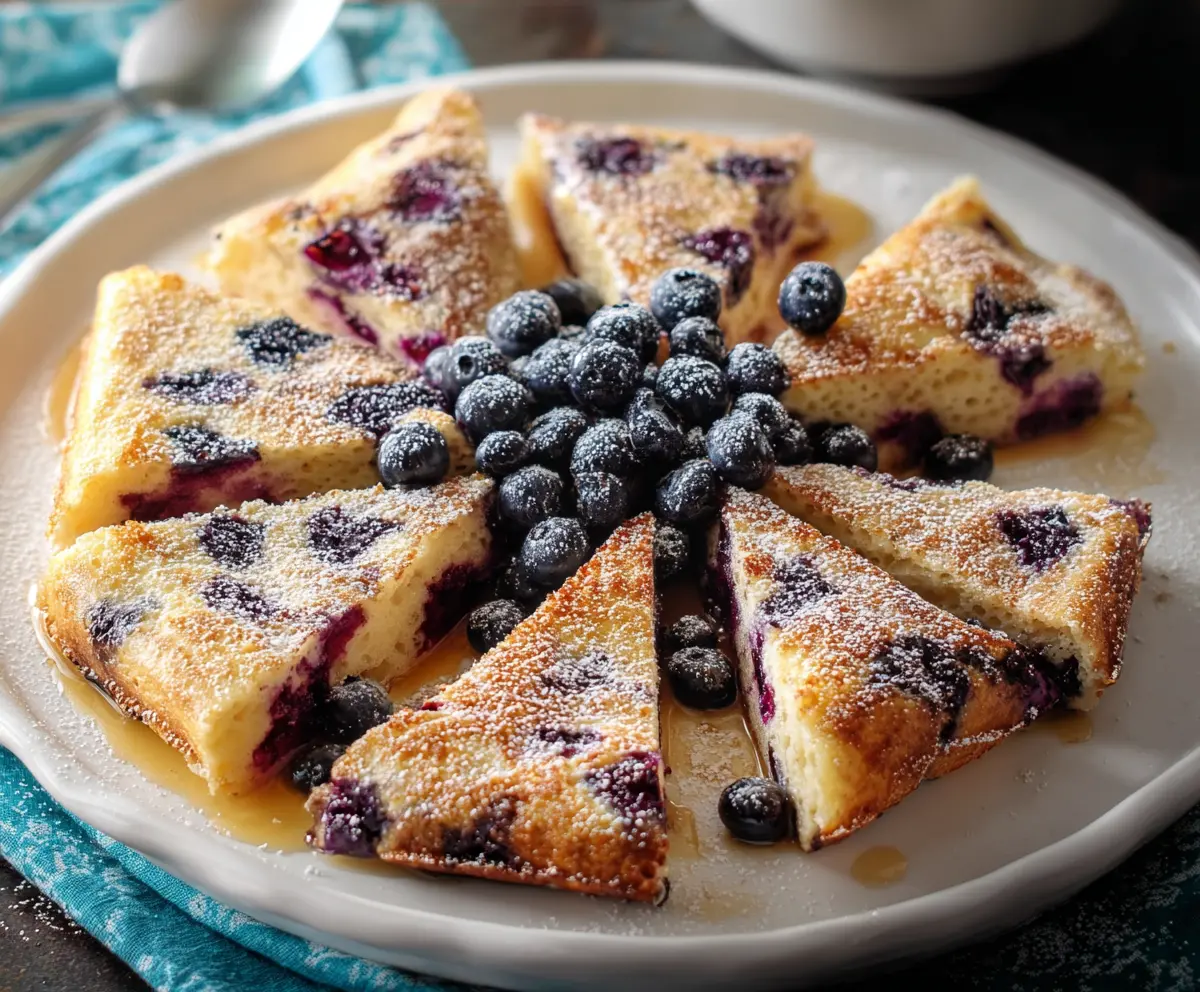 Delicious baked blueberry pancake topped with fresh blueberries and maple syrup, perfect for breakfast
