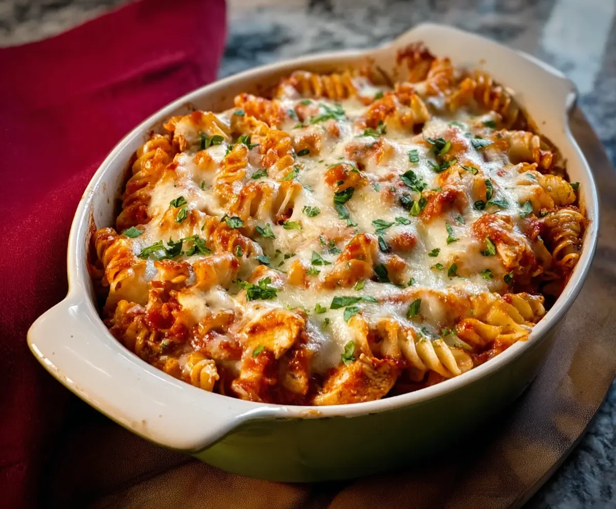 Delicious baked chicken mozzarella pasta dish served hot with melted cheese and fresh herbs.