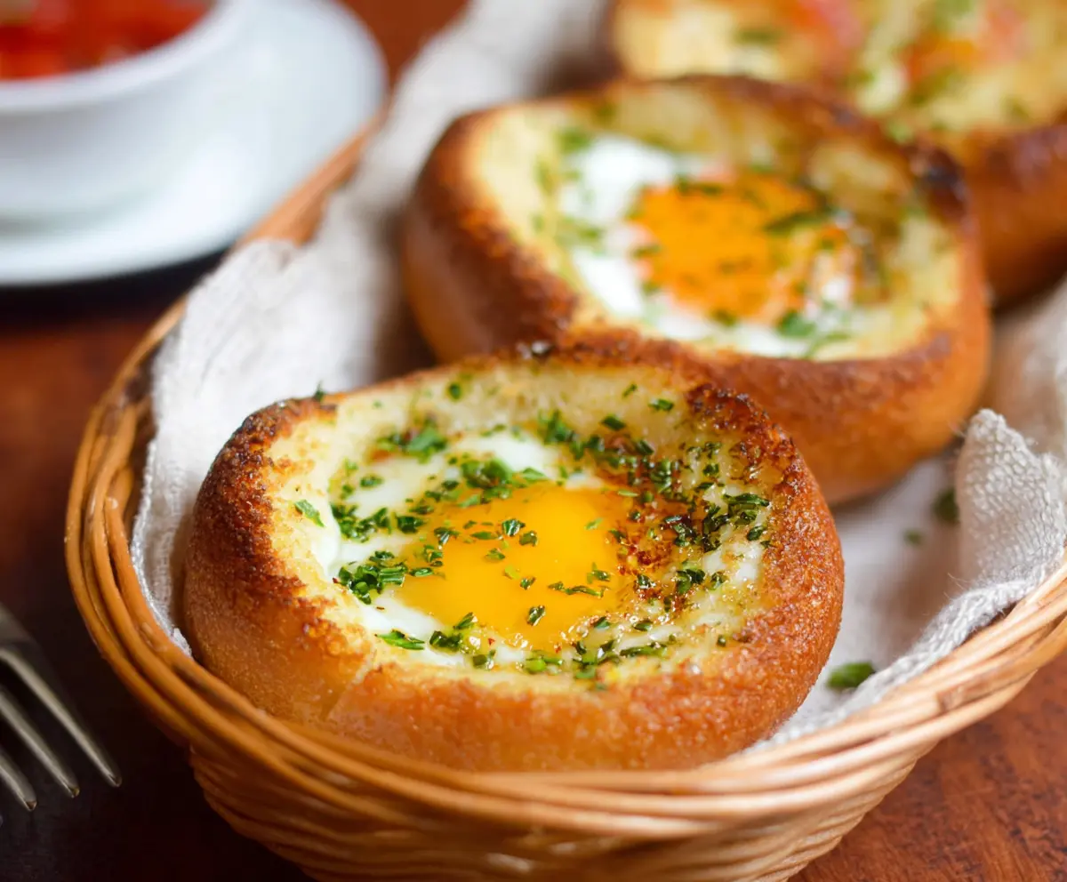 Delicious baked eggs in a basket breakfast dish served on a white plate.