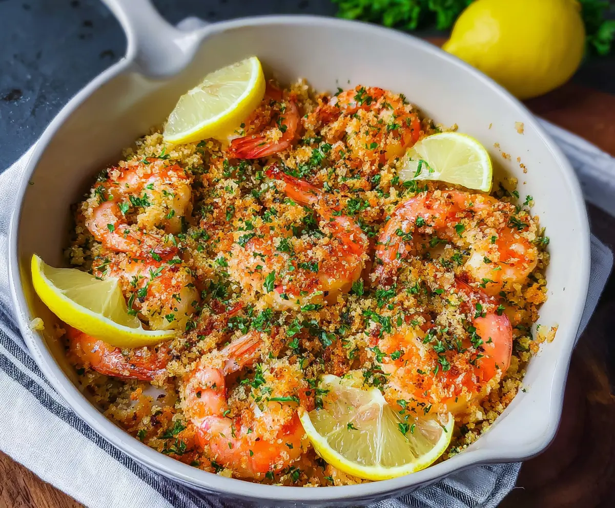 Delicious baked shrimp scampi with golden breadcrumbs served on a white plate.