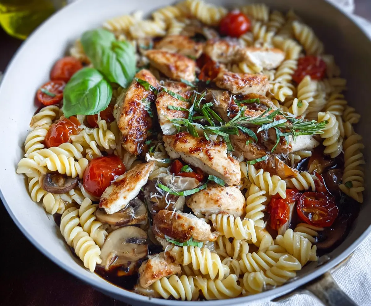 Delicious balsamic chicken pasta dish with vibrant vegetables and creamy sauce on a white plate.