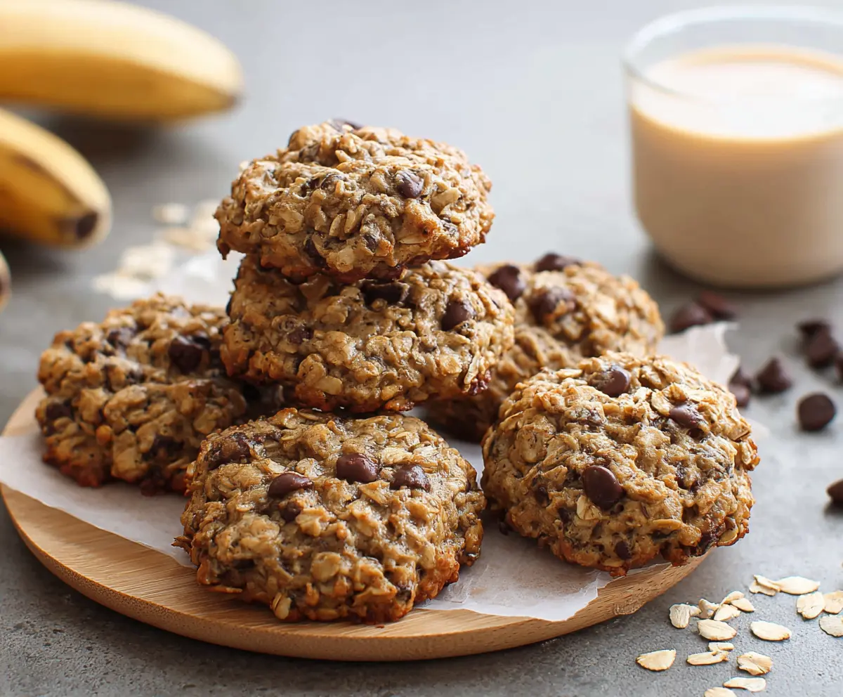 Delicious Banana Oatmeal Breakfast Cookies on a plate, featuring ripe bananas, oats, and chocolate chips.