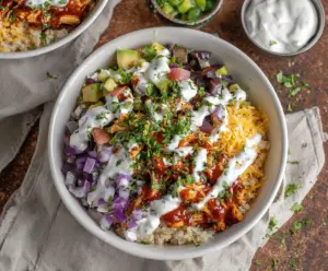 Delicious BBQ chicken ranch bowl served with fresh vegetables and herbs.