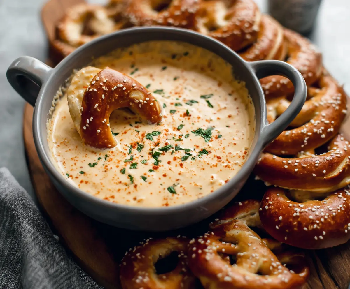 Creamy beer cheese dip served with pretzels and breadsticks, perfect for parties.
