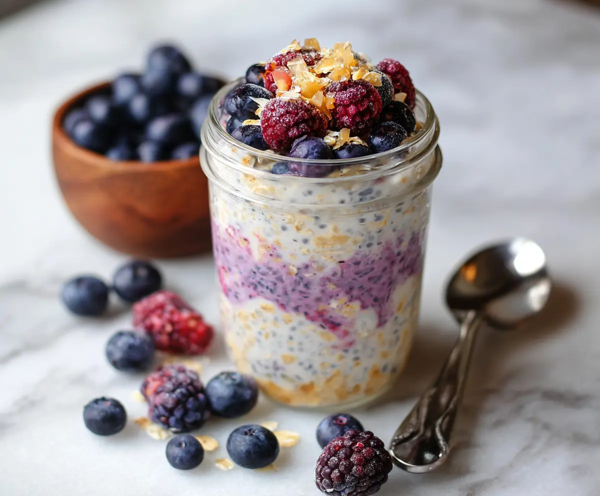 Creamy Berry Cheesecake Overnight Oats topped with fresh mixed berries and a graham cracker crumble for a delicious breakfast treat.