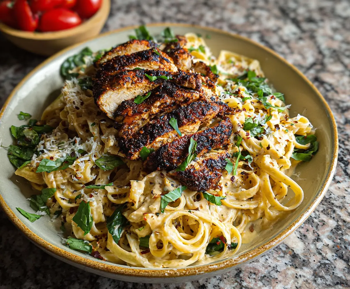 Delicious blackened chicken pasta with vibrant vegetables and creamy sauce