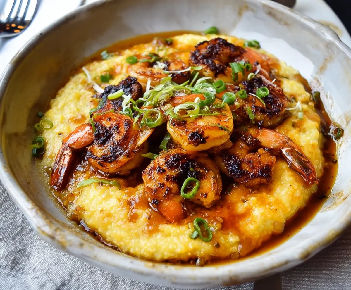 Savory blackened shrimp served over creamy cheesy grits, garnished with herbs.