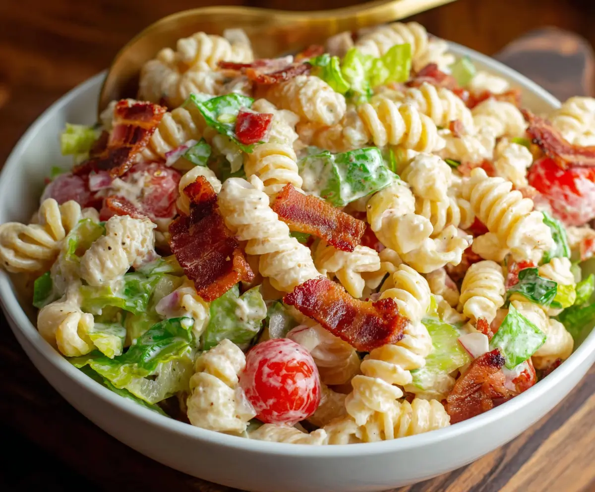 Delicious BLT Pasta Salad with crispy bacon, fresh lettuce, and cherry tomatoes in a bowl