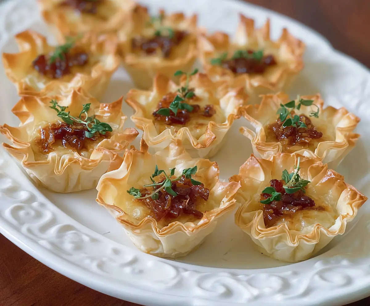 Delicious Brie and Bacon Phyllo Cups, crispy puff pastry filled with creamy cheese and savory bacon pieces.
