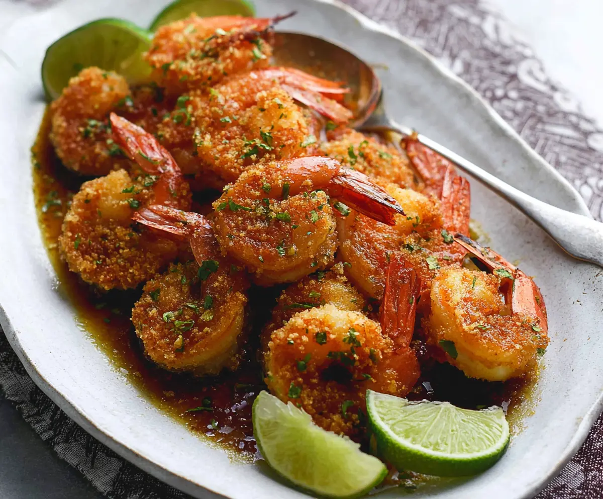 Delicious brown sugar lime baked shrimp served on a plate, garnished with fresh herbs.