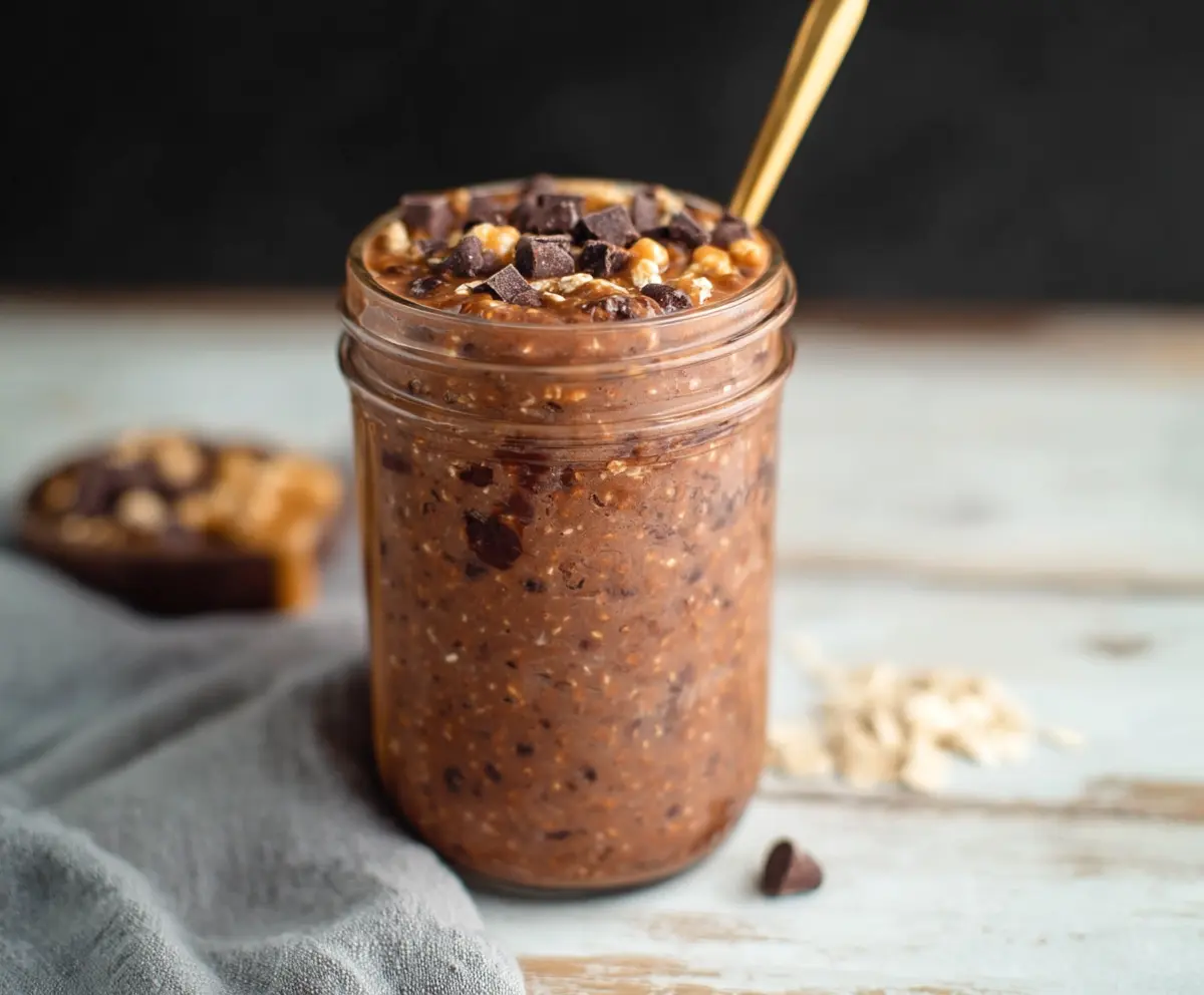 Creamy brownie batter overnight oats in a glass jar topped with chocolate shavings, perfect for a healthy breakfast
