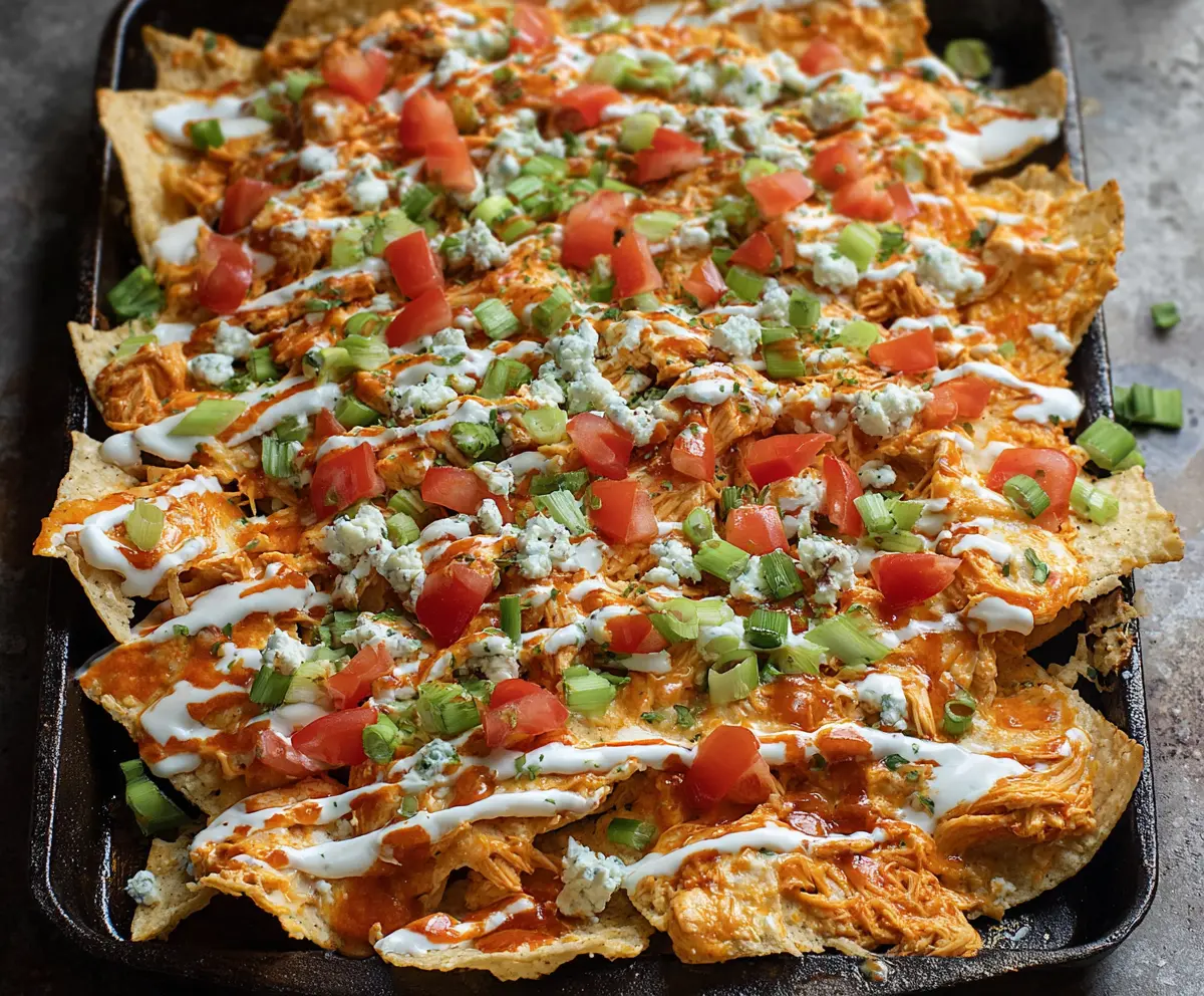 Spicy buffalo chicken nachos topped with cheese, celery, and blue cheese crumbles on a plate.