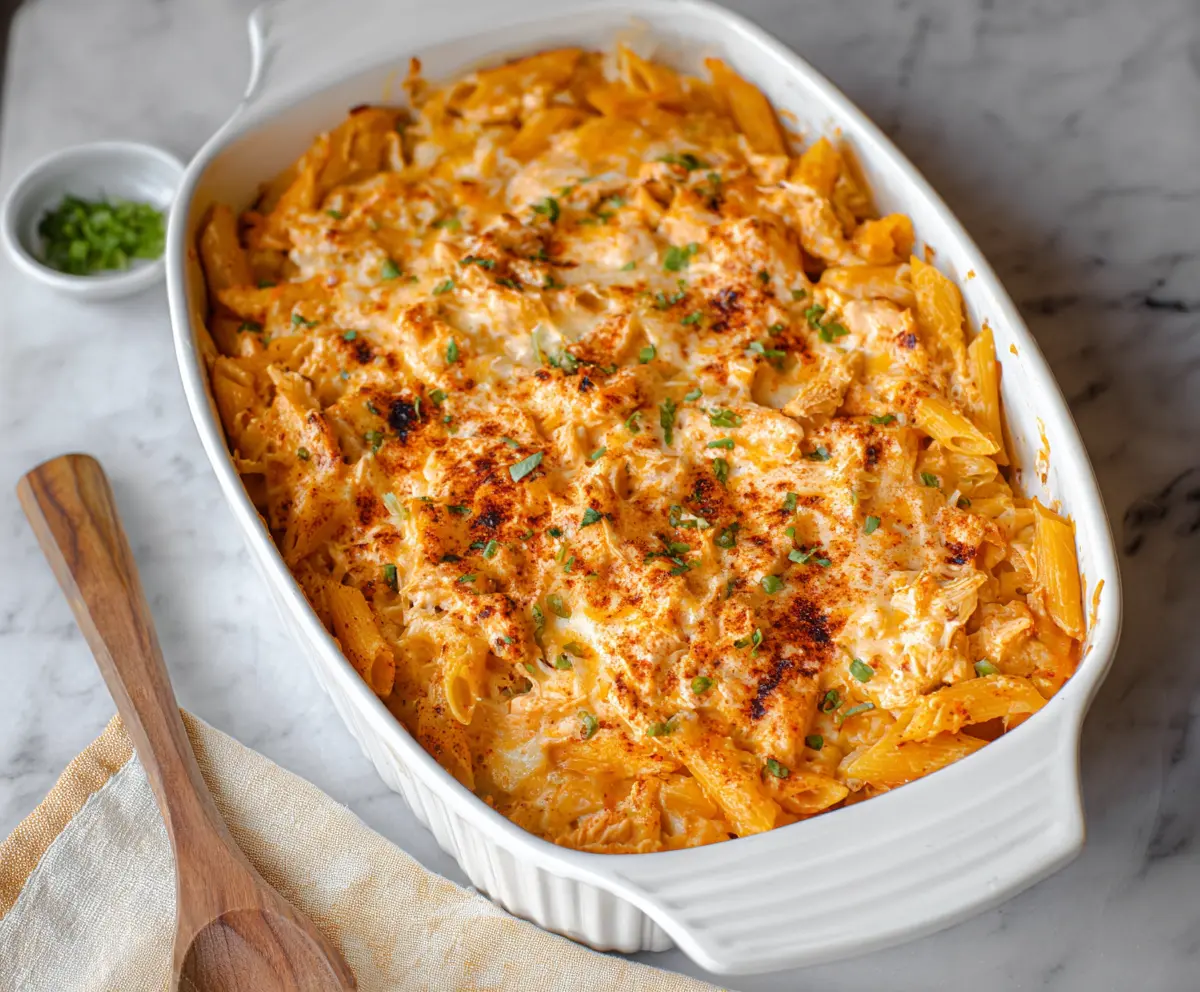 Delicious buffalo chicken pasta bake topped with melted cheese and fresh herbs.